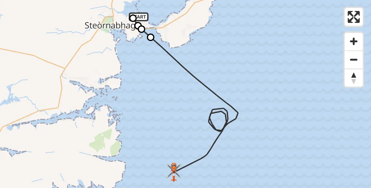 Flight path map showing Coastguard Helicopter route from Stornoway Airport to Inner Seas