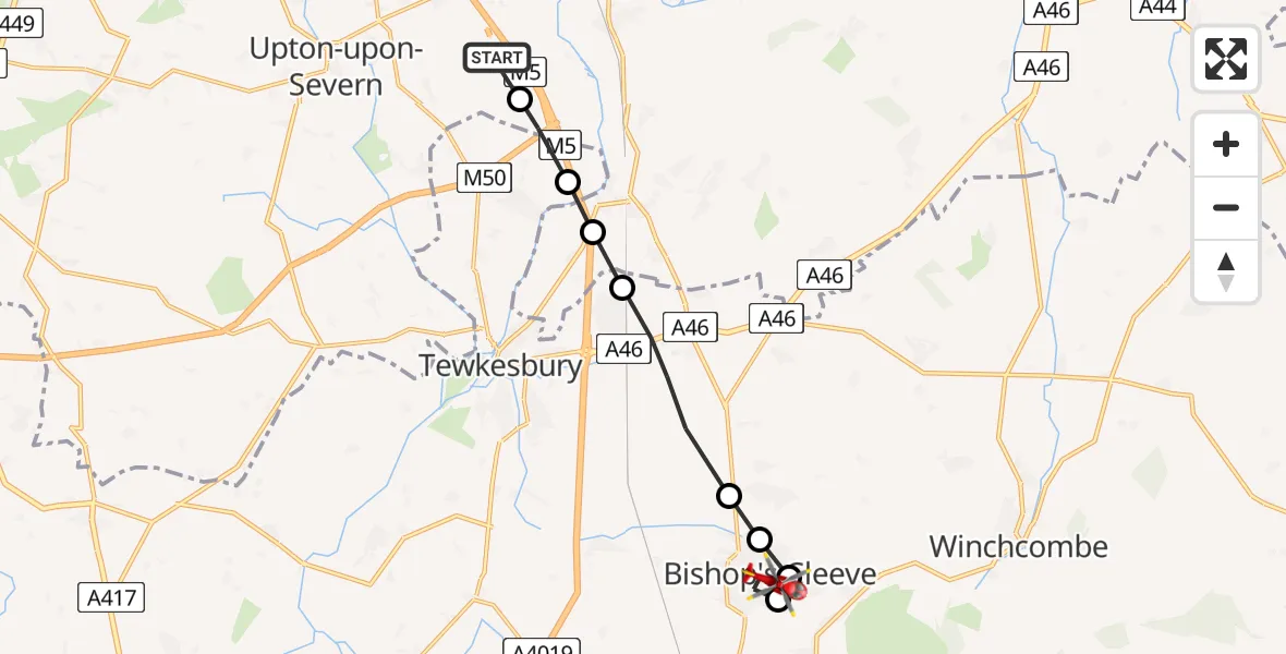 Flight path map showing Air Ambulance Helicopter route from Hill Croome to Bishop's Cleeve