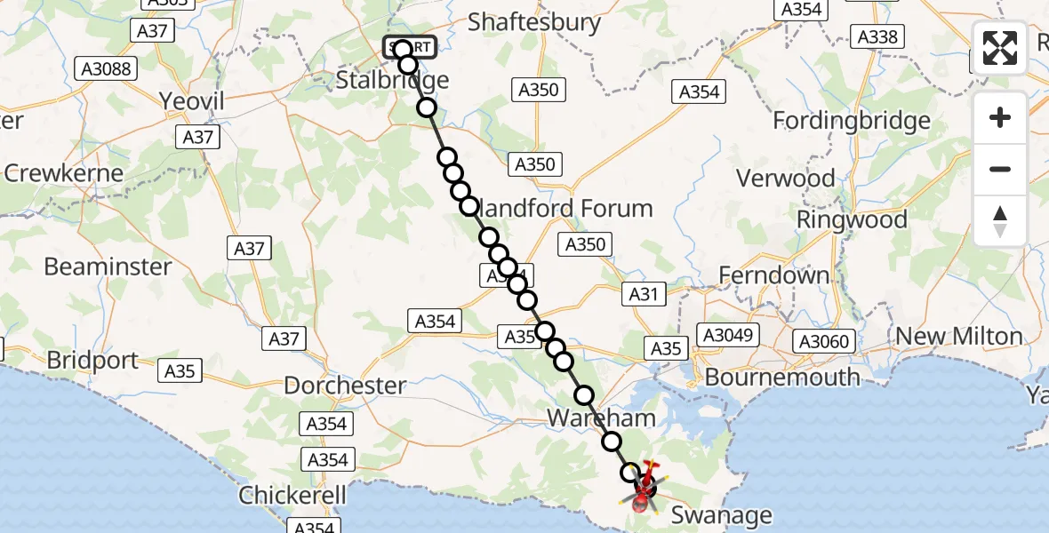 Flight path map showing Air Ambulance Helicopter route from Henstridge Airfield to Corfe Castle