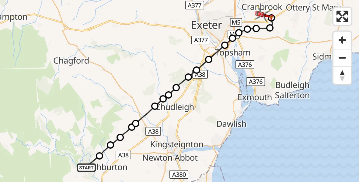 Flight path map showing Air Ambulance Helicopter route from Holne to Rockbeare