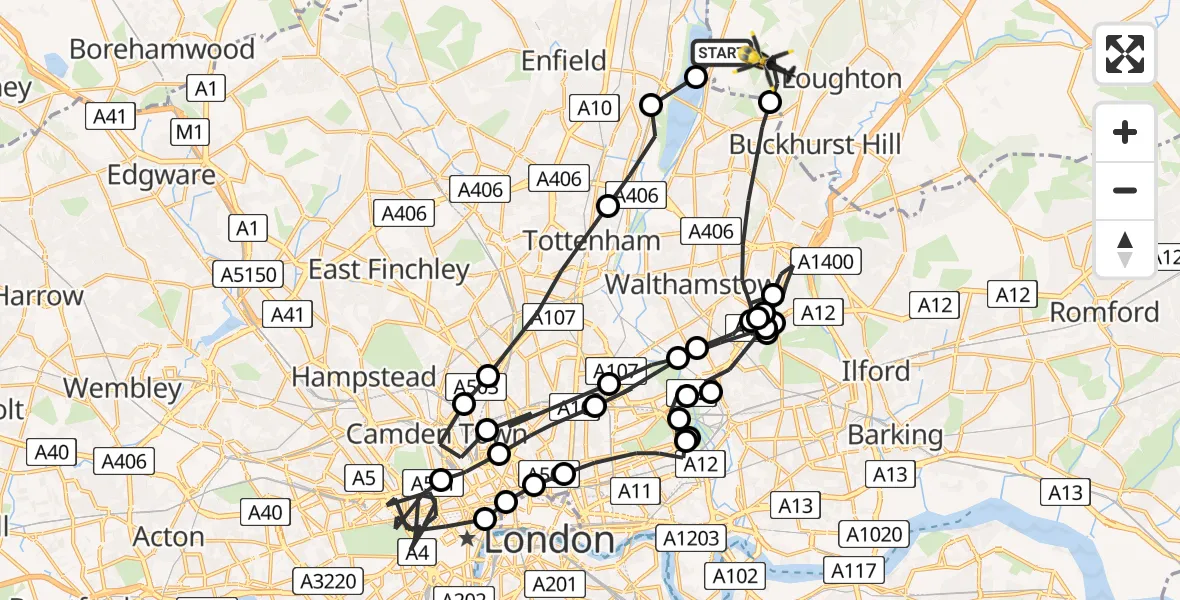 Flight path map showing Police Helicopter route from Sewardstonebury to Sewardstonebury