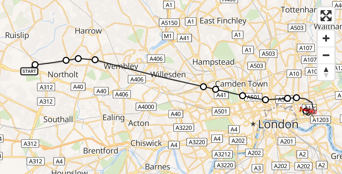 Flight path map showing Air Ambulance Helicopter route from RAF Northolt to Royal London Hospital