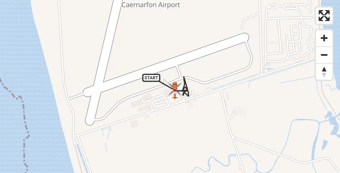 Flight path map showing Coastguard Helicopter route from Caernarfon Airport to Caernarfon Airport