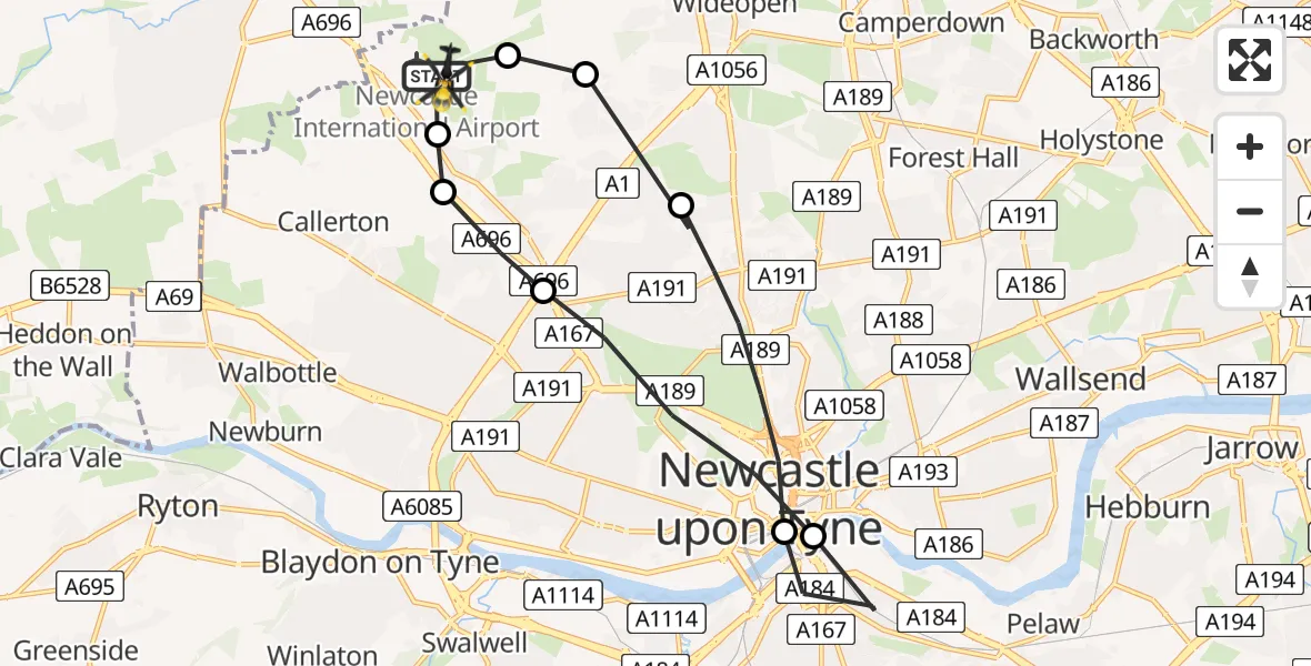 Flight path map showing Police Helicopter route from Newcastle International Airport to Newcastle International Airport