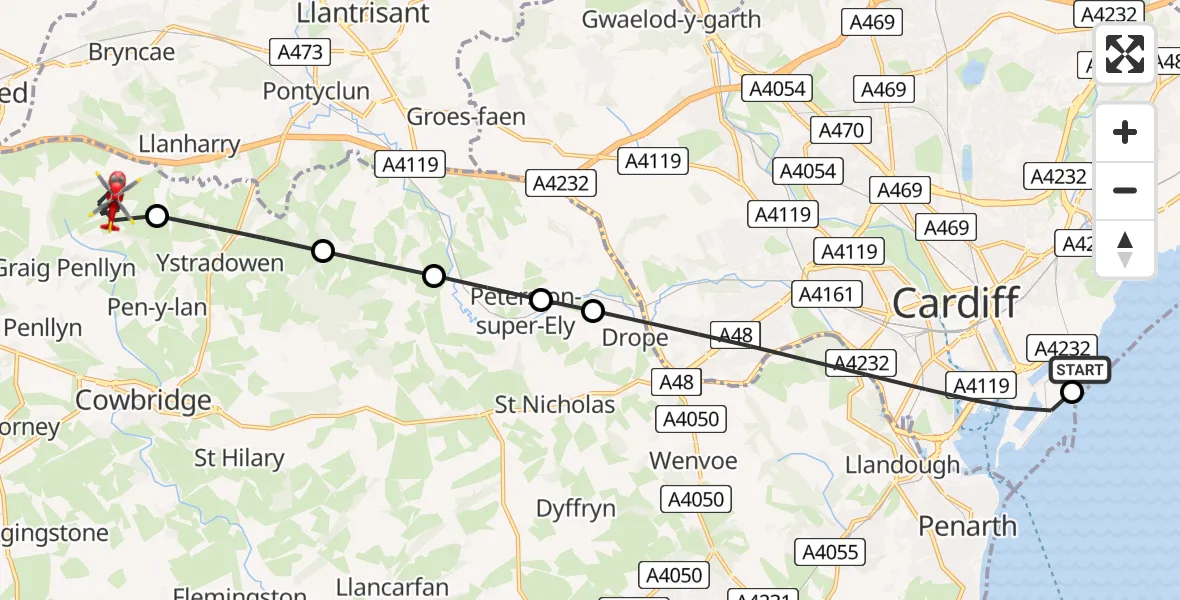 Routekaart van de vlucht: Air Ambulance Helicopter to Graig Penllyn