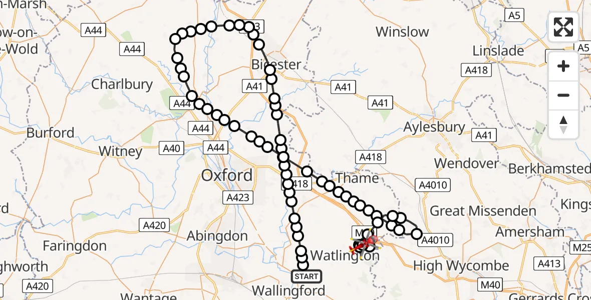 Flight path map showing Air Ambulance Helicopter route from RAF Benson to Lewknor