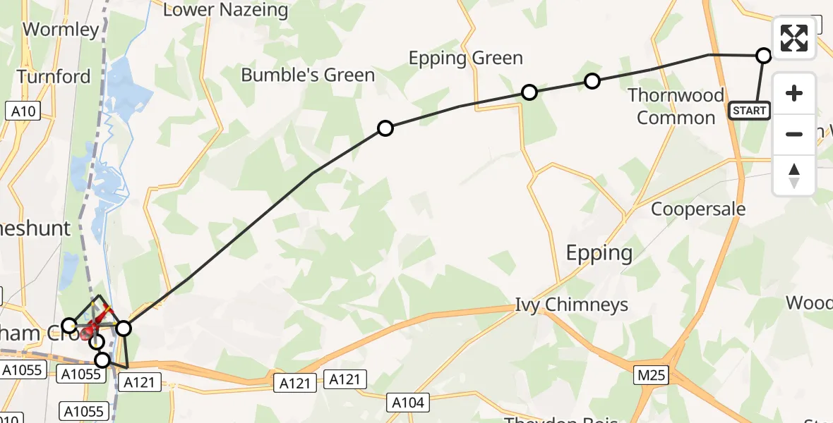Flight path map showing Air Ambulance Helicopter route from North Weald Airfield to Waltham Cross
