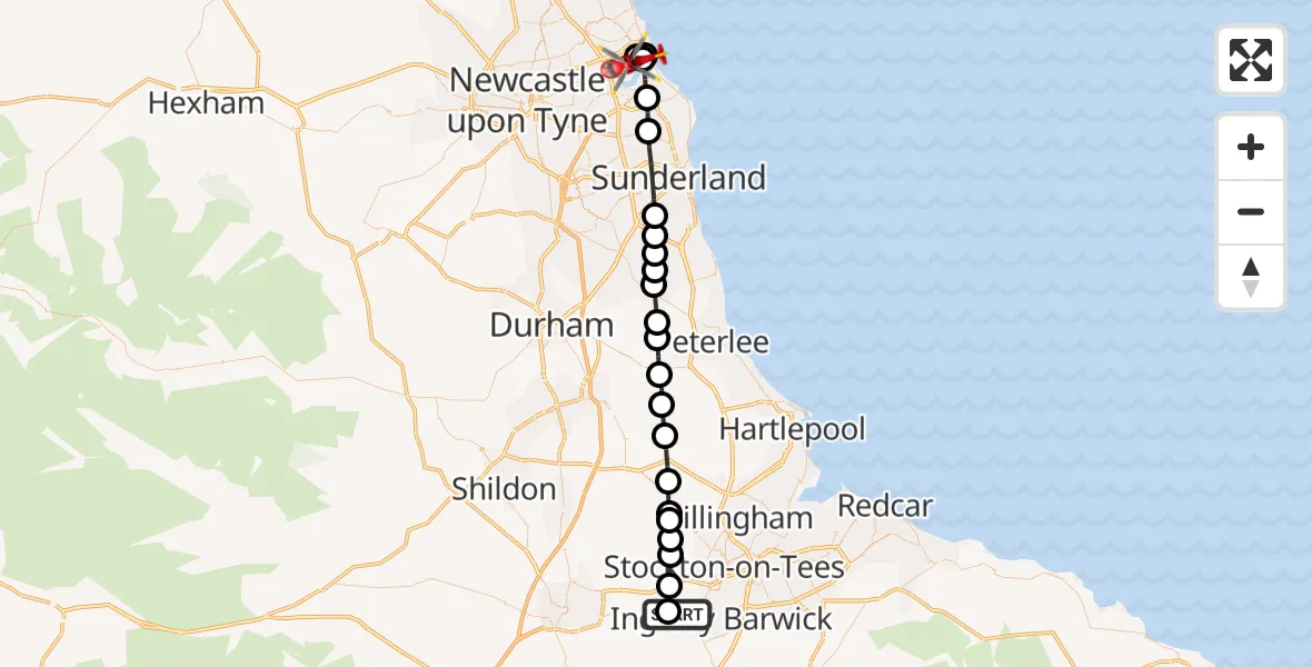 Flight path map showing Air Ambulance Helicopter route from Egglescliffe to North Shields