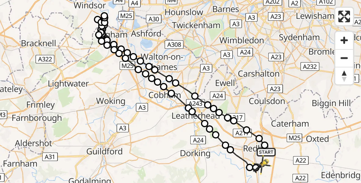 Flight path map showing Police Helicopter route from South Nutfield to Salfords
