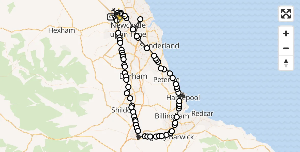 Flight path map showing Police Helicopter route from Newcastle International Airport to Newcastle International Airport