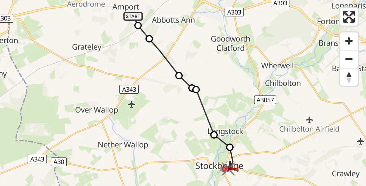 Flight path map showing Air Ambulance Helicopter route from Amport to Stockbridge