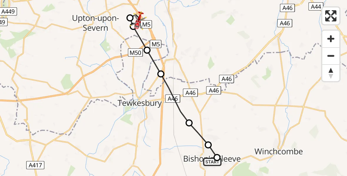 Flight path map showing Air Ambulance Helicopter route from Bishop's Cleeve to Hill Croome