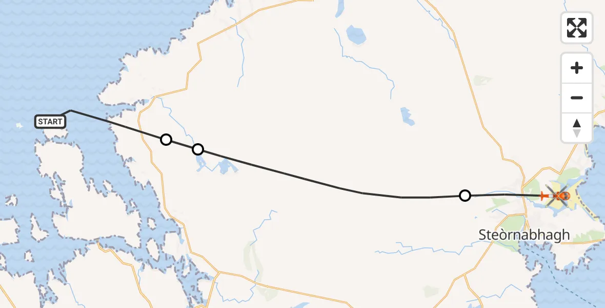 Flight path map showing Coastguard Helicopter route from North Atlantic Ocean to Steinis