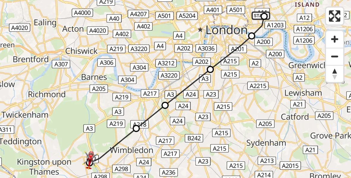 Flight path map showing Air Ambulance Helicopter route from Royal London Hospital to Royal Borough of Kingston upon Thames
