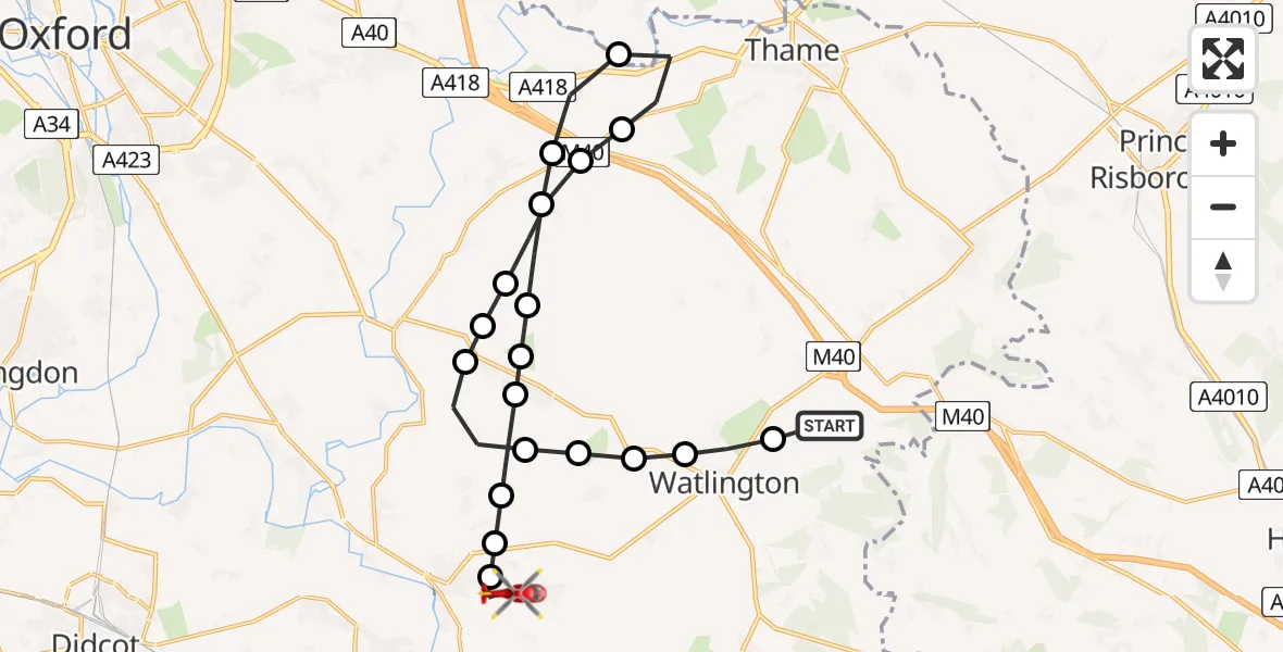 Flight path map showing Air Ambulance Helicopter route from Lewknor to RAF Benson