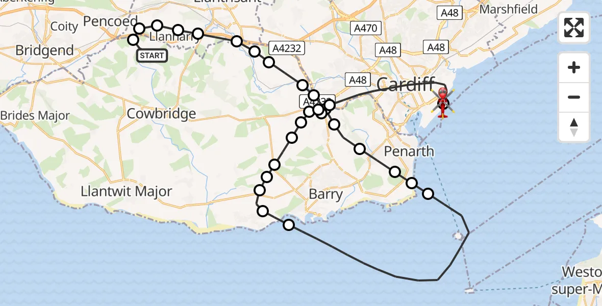 Flight path map showing Air Ambulance Helicopter route from Graig Penllyn to Cardiff Heliport