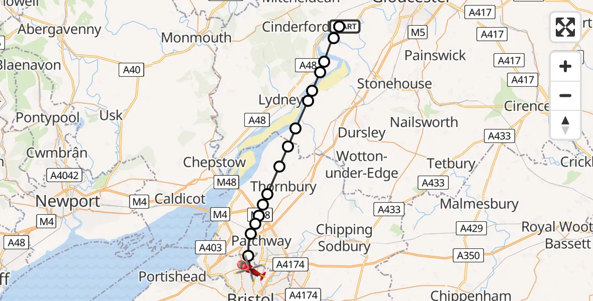 Flight path map showing Air Ambulance Helicopter route from Chaxhill to Bristol