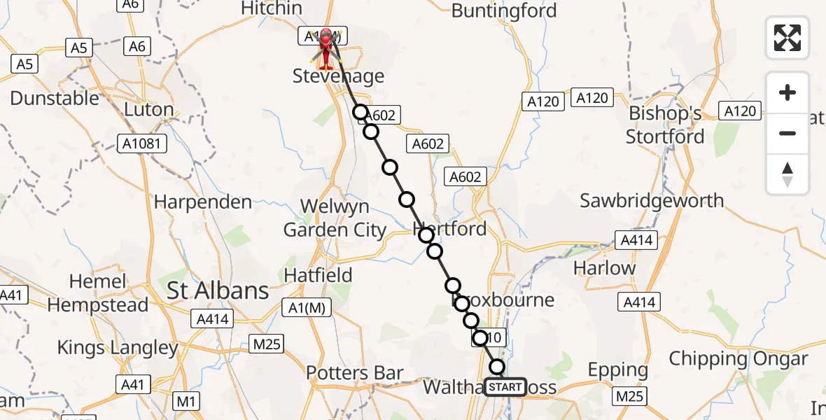 Flight path map showing Air Ambulance Helicopter route from Waltham Cross to Stevenage