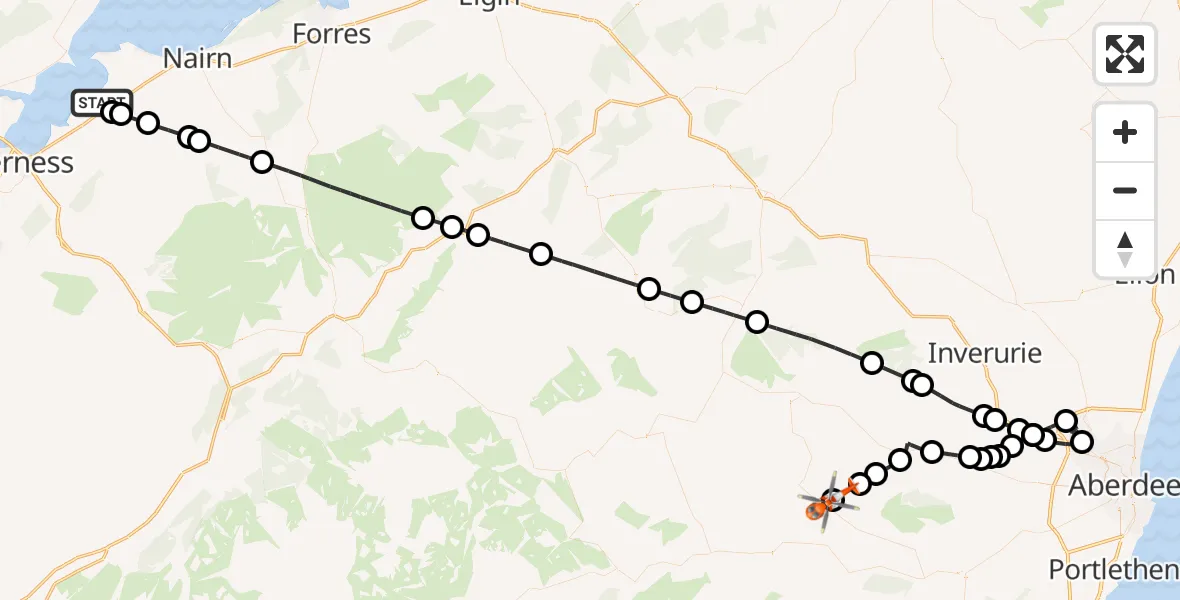 Flight path map showing Coastguard Helicopter route from Inverness Airport to Lumphanan