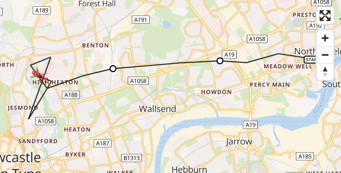 Flight path map showing Air Ambulance Helicopter route from North Shields to Newcastle upon Tyne