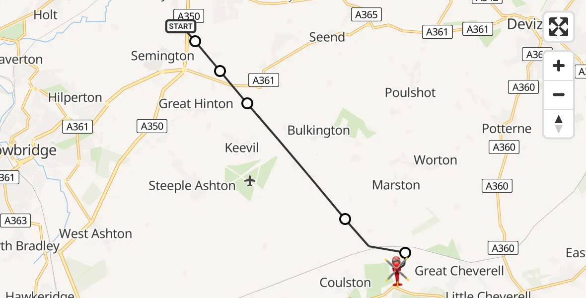 Flight path map showing Air Ambulance Helicopter route from Wiltshire Air Ambulance to Erlestoke