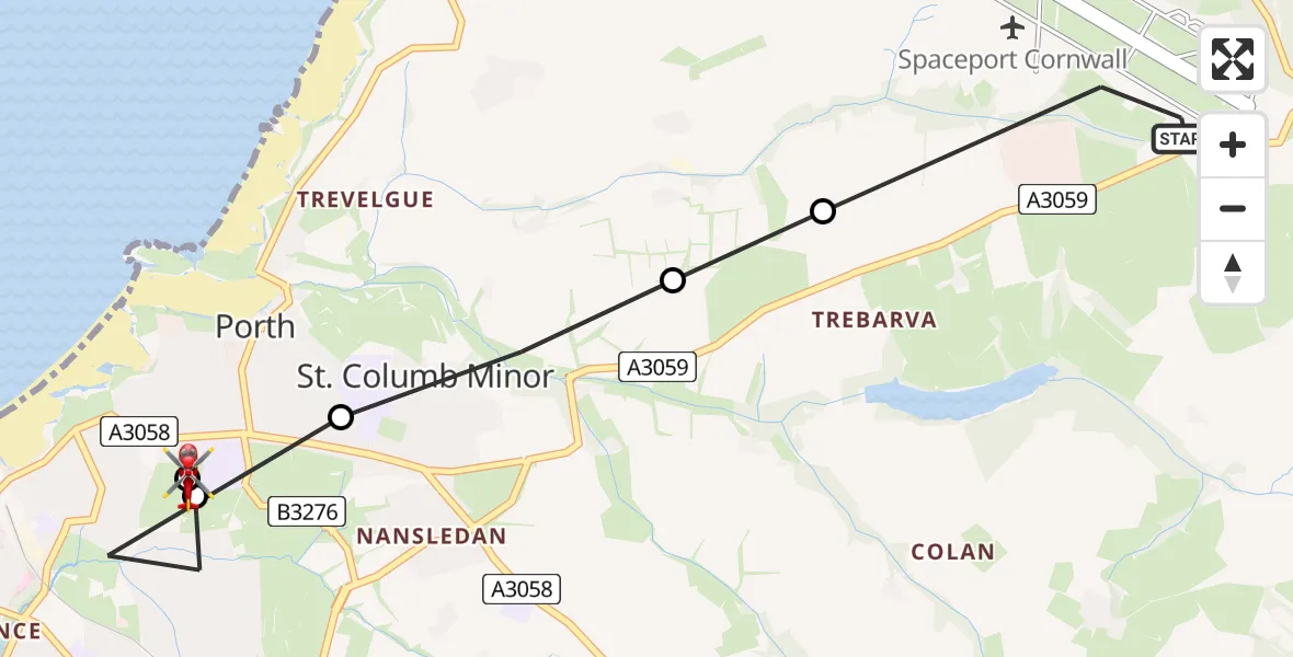Flight path map showing Air Ambulance Helicopter route from Cornwall Airport Newquay to Porth