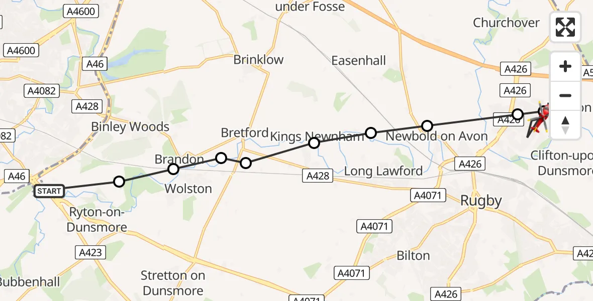 Flight path map showing Air Ambulance Helicopter route from Ryton-on-Dunsmore to Newton