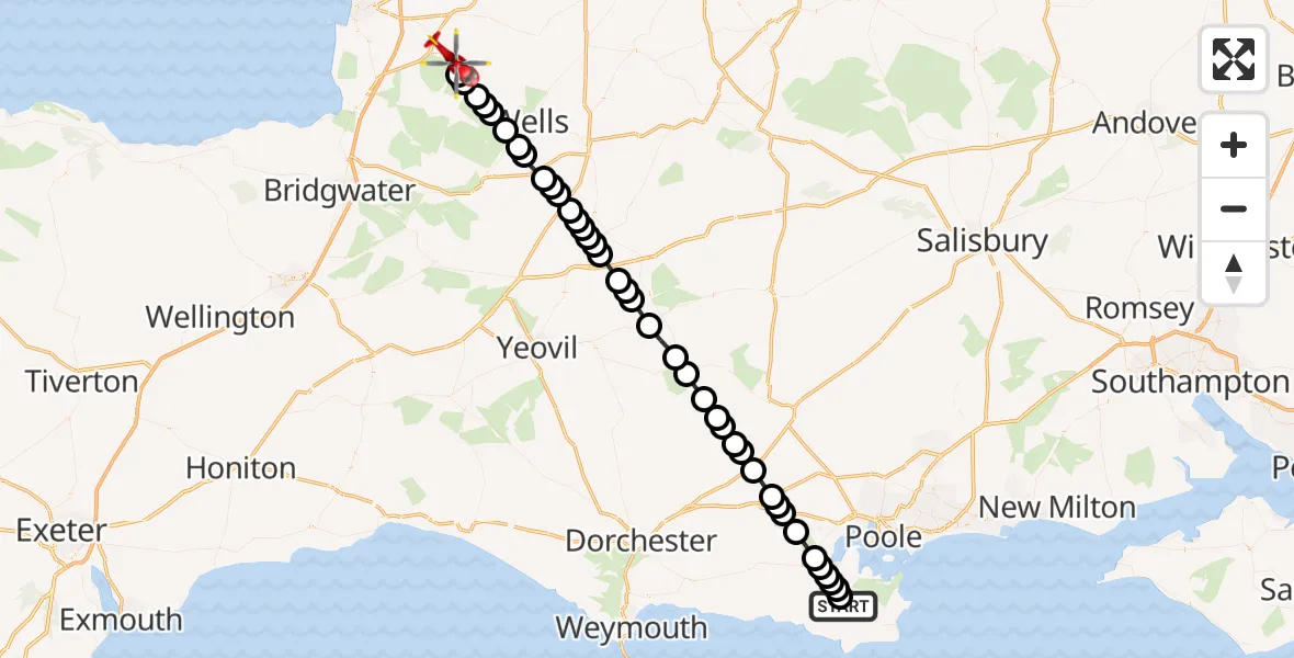 Flight path map showing Air Ambulance Helicopter route from Corfe Castle to Cheddar