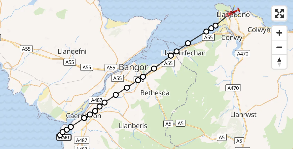 Flight path map showing Air Ambulance Helicopter route from Caernarfon Airport to Llandudno