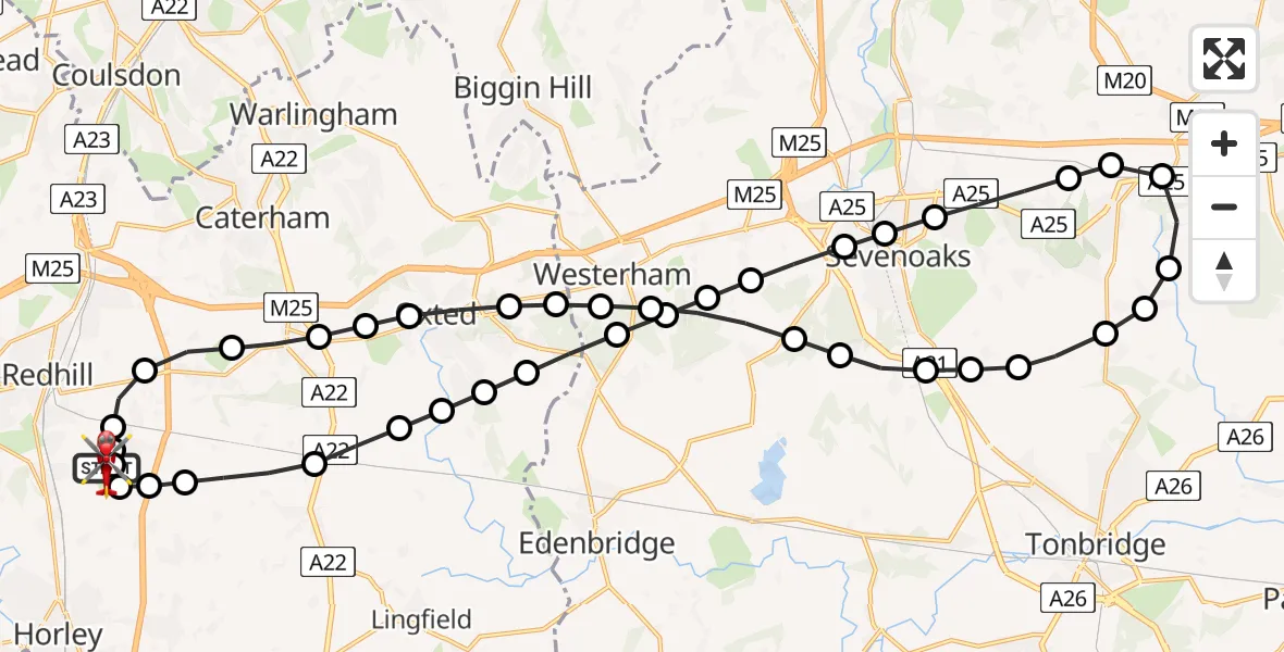 Flight path map showing Air Ambulance Helicopter route from Redhill Aerodrome to Redhill Aerodrome