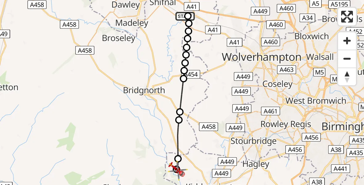 Flight path map showing Air Ambulance Helicopter route from RAF Cosford to Wyre Forest