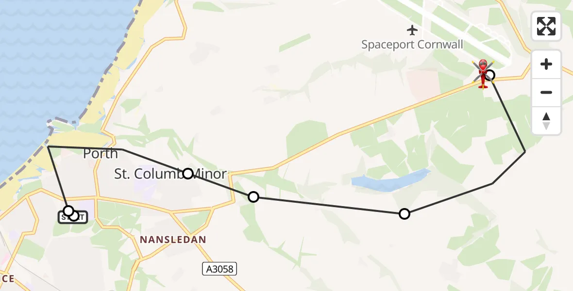 Flight path map showing Air Ambulance Helicopter route from Porth to Cornwall Airport Newquay