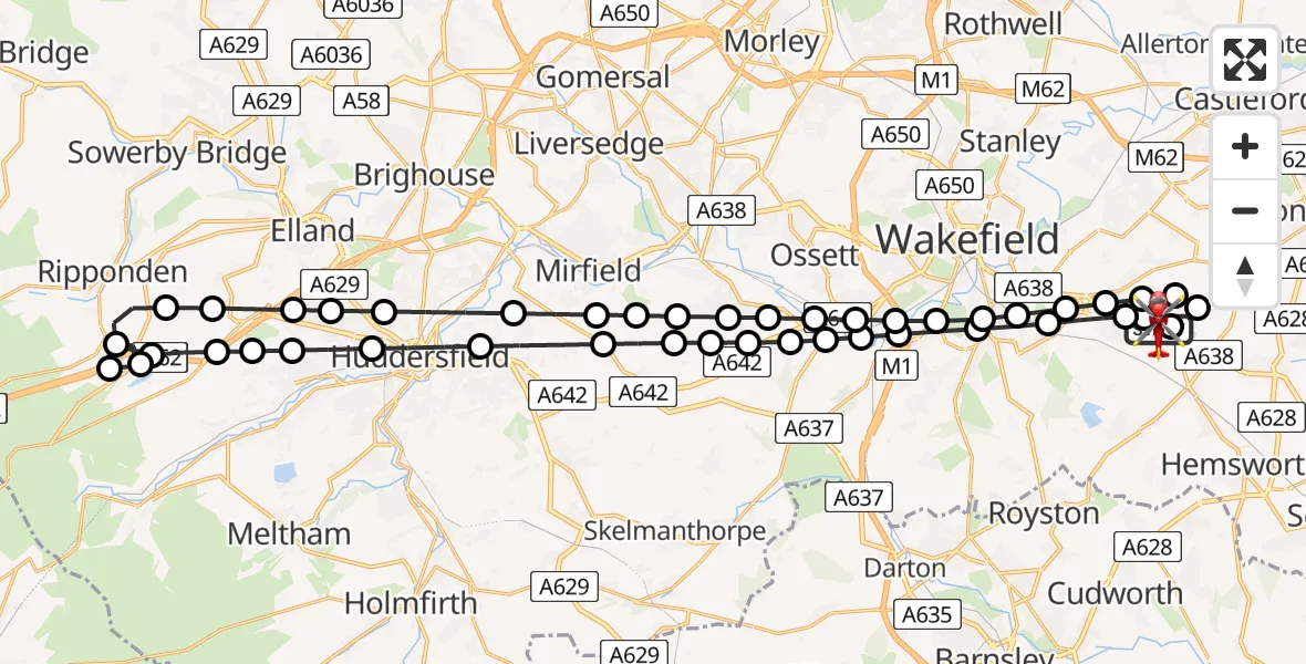 Flight path map showing Air Ambulance Helicopter route from YAA Nostell Helicopter Port to YAA Nostell Helicopter Port