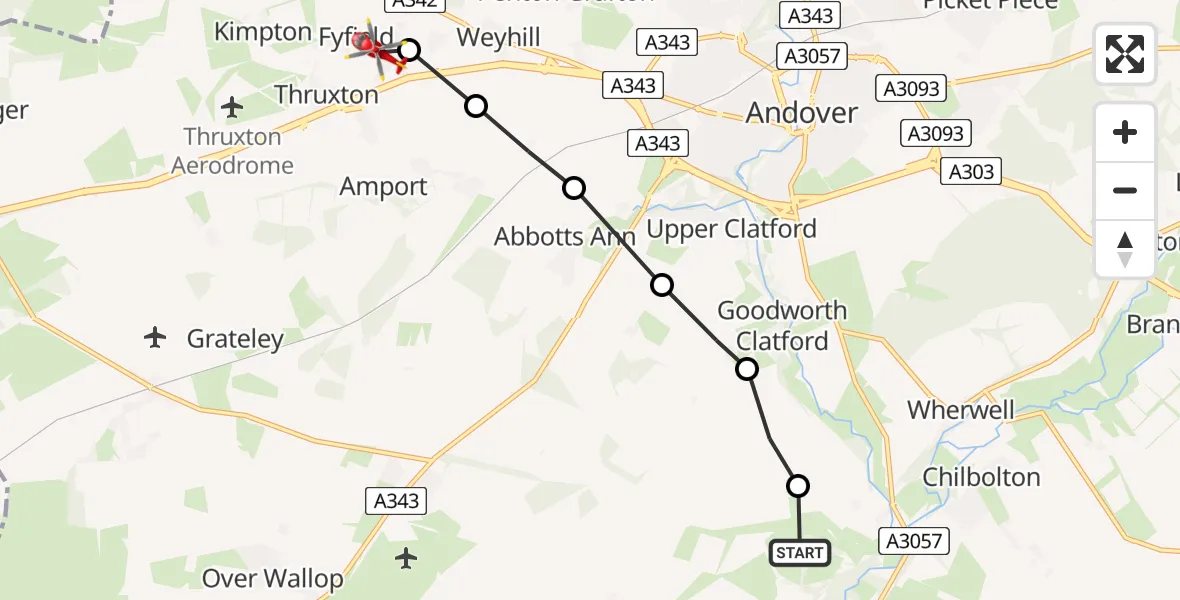 Flight path map showing Air Ambulance Helicopter route from Longstock to Fyfield