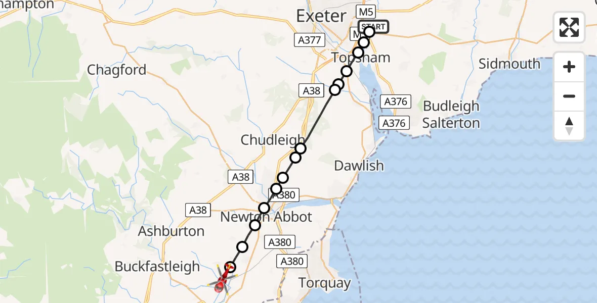 Flight path map showing Air Ambulance Helicopter route from Clyst St Mary to Broadhempston