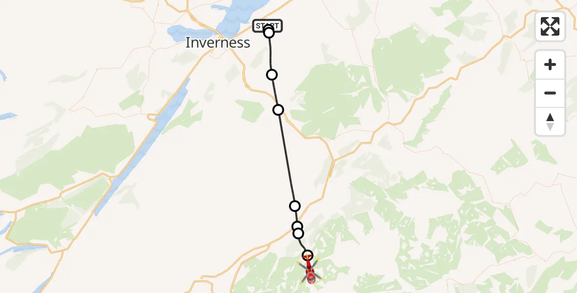 Flight path map showing Air Ambulance Helicopter route from Tornagrain to Achlean
