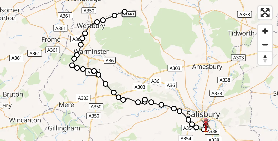 Flight path map showing Air Ambulance Helicopter route from Erlestoke to Salisbury District Hospital