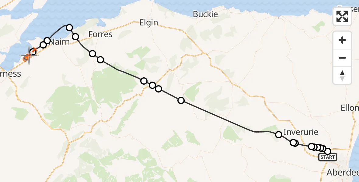 Flight path map showing Coastguard Helicopter route from Aberdeen International Airport to Inverness Airport