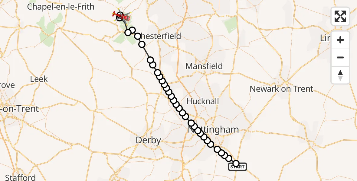 Flight path map showing Air Ambulance Helicopter route from Nottingham Heliport to Grindleford