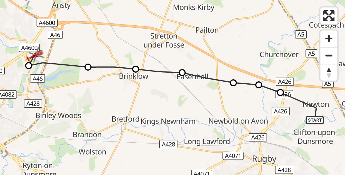 Flight path map showing Air Ambulance Helicopter route from Newton to University Hospital Coventry
