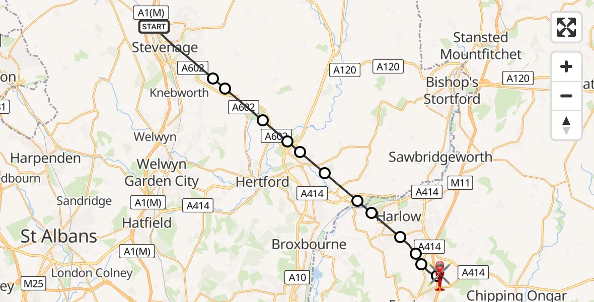 Flight path map showing Air Ambulance Helicopter route from Stevenage to North Weald Airfield
