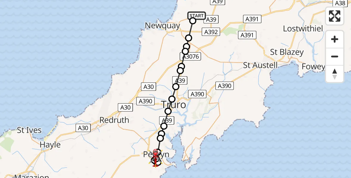 Flight path map showing Air Ambulance Helicopter route from Cornwall Airport Newquay to Budock Water