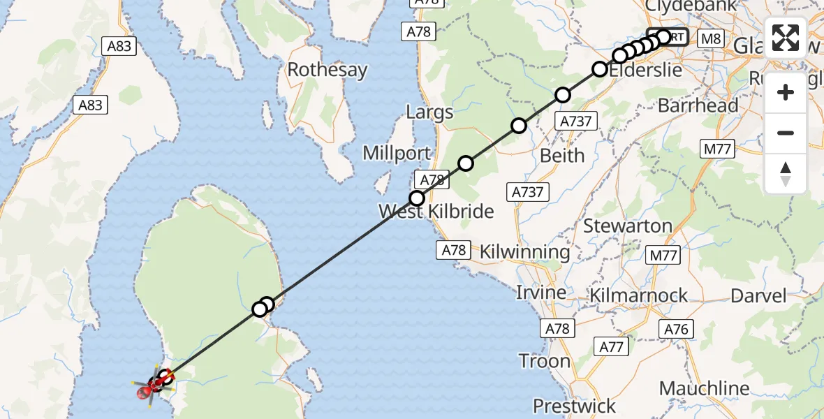Flight path map showing Air Ambulance Helicopter route from Glasgow Airport to Inner Seas
