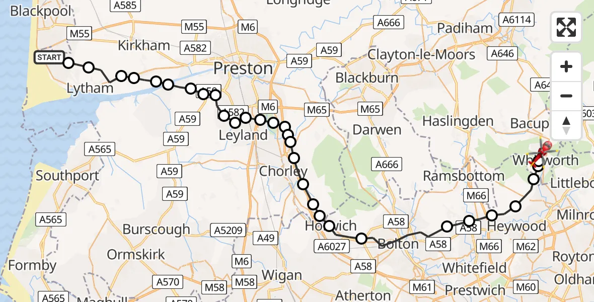 Flight path map showing Air Ambulance Helicopter route from Blackpool Airport to Shawforth