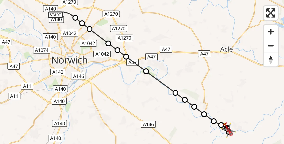 Flight path map showing Air Ambulance Helicopter route from Norwich Airport to Reedham