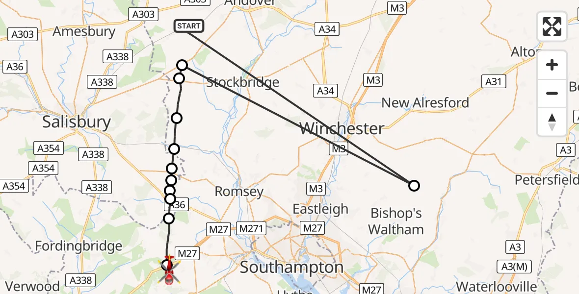 Flight path map showing Air Ambulance Helicopter route from Grateley to Minstead