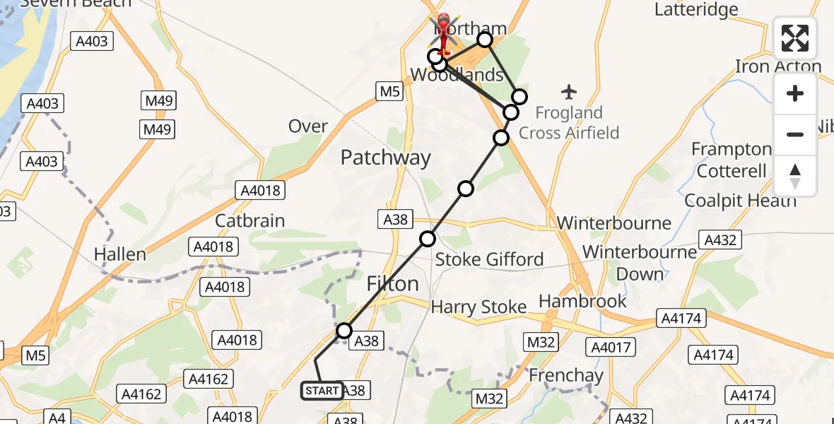 Flight path map showing Air Ambulance Helicopter route from Southmead Hospital to Almondsbury Helicopter Base