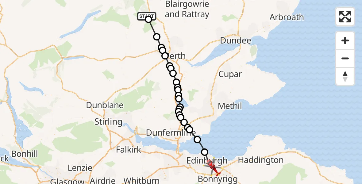 Flight path map showing Air Ambulance Helicopter route from Trochry to City of Edinburgh