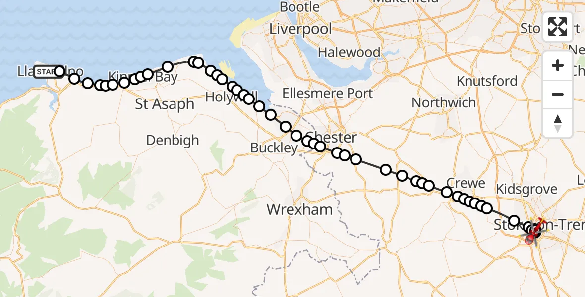Flight path map showing Air Ambulance Helicopter route from Llandudno to University Hospital North Staffs