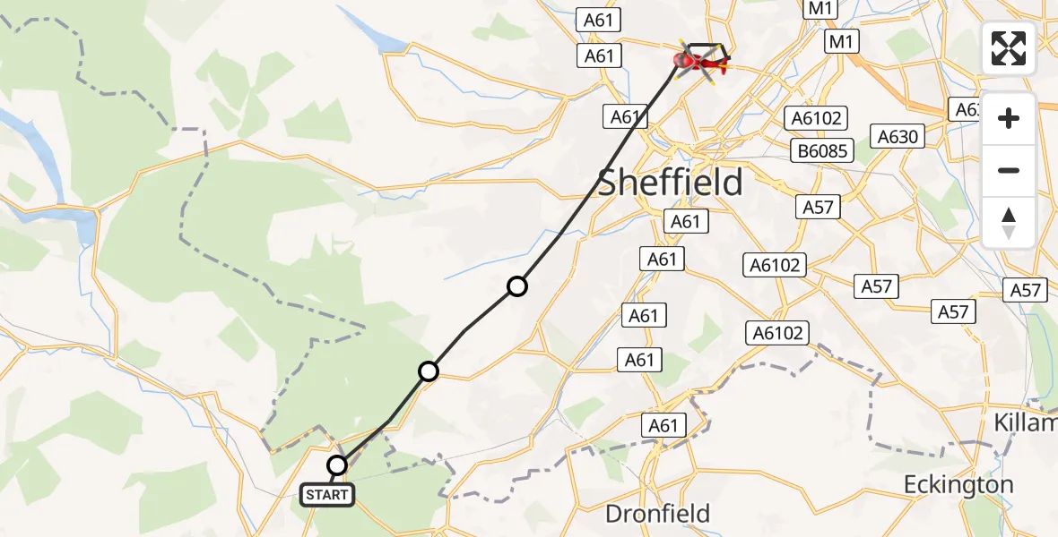 Routekaart van de vlucht: Air Ambulance Helicopter to Sheffield Northern Hospital